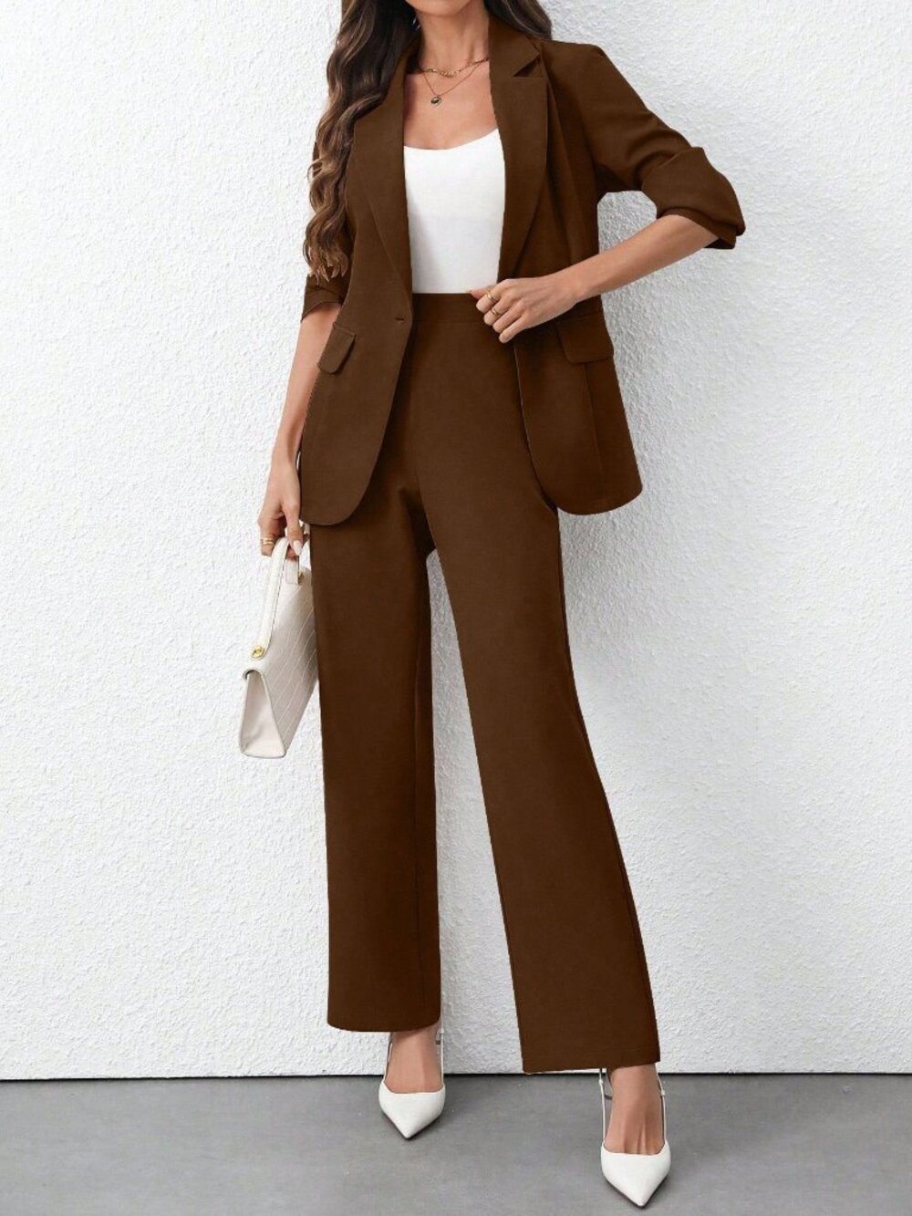 Brown Elegant Women's Minimalist Long Sleeve Blazer Jacket And Pants Suit